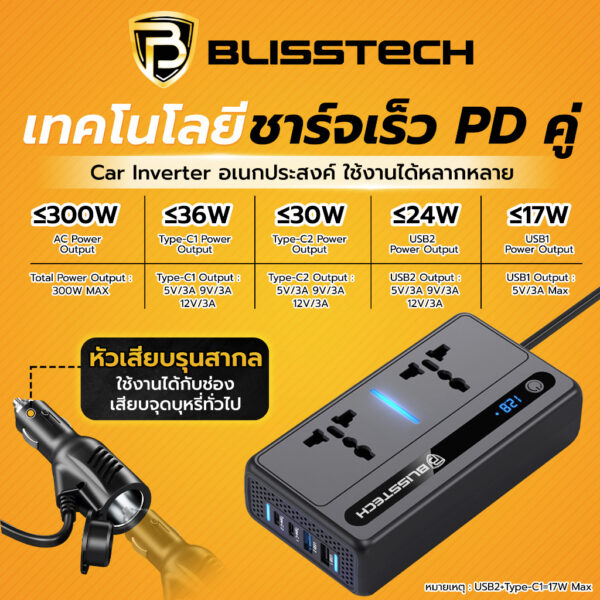 BLISSTECH Car Inverter 300W รุ่น C-300 แปลงไฟรถยนต์ 12V/24V เป็น 220V สำหรับรถยนต์และรถบรรทุก - Image 3